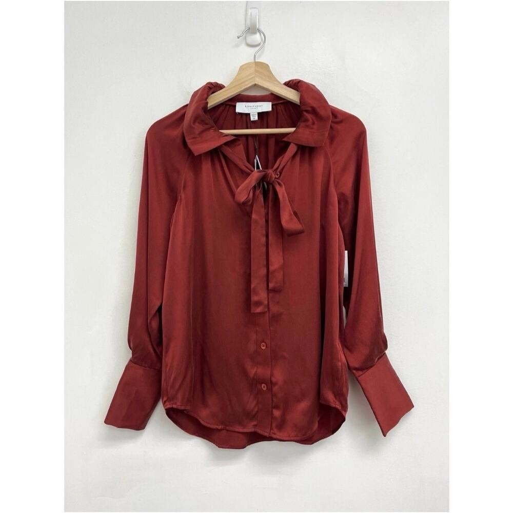 NWT Equipment Femme 100% Silk Neck Tie Bow High Neck Button-Front Blouse Red XS